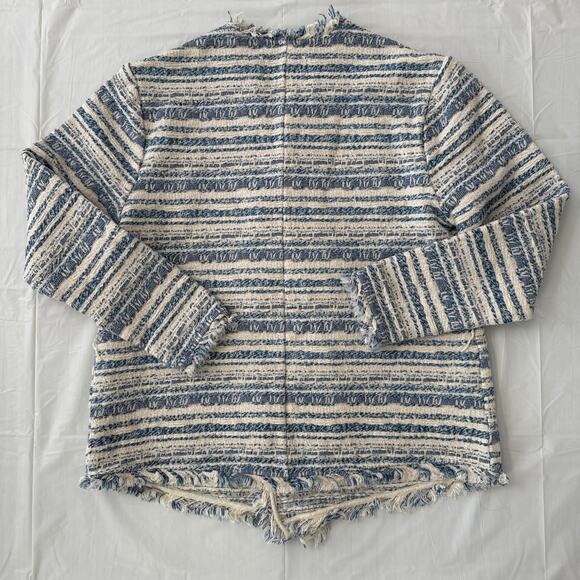 Lucky Brand tweed striped blue & cream open front fringed jacket size medium - Picture 8 of 10